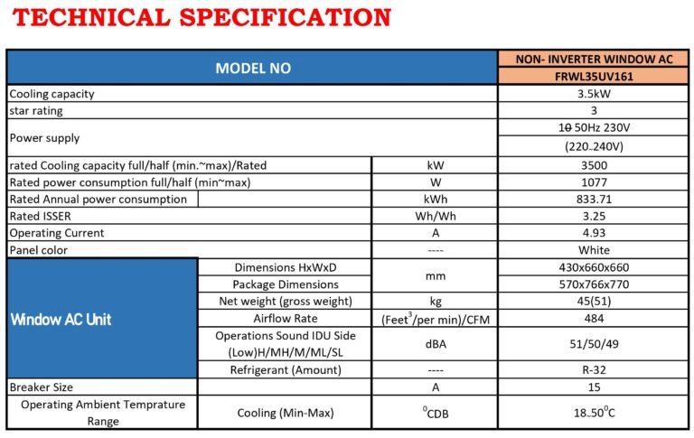 TECHNICAL SPECIFICATION (FRWL35UV161) 3 STAR