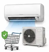 Illustration of a wall-mounted split AC indoor unit and outdoor condenser beside a shopping cart with a checkmark, representing buying a split air conditioner.